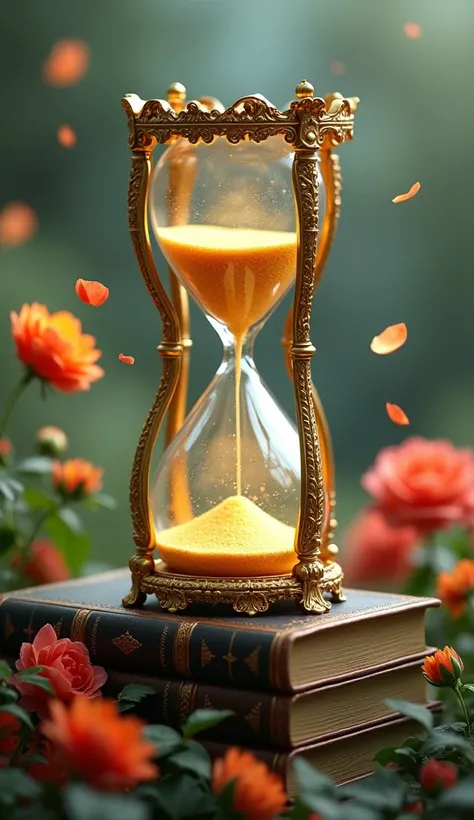 An ethereal hourglass with golden sand flowing gracefully, surrounded by elements symbolizing growth: blooming flowers, books, and light.