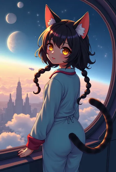 1 cat girl, cat ears, cat tail, yellow eyes, brown hair, , space ship in sky , pajamas, walking on spaceship, space outside window, alien city,3 moons in the sky, alien landscape, , highly detailed, 8K, high resolution, detailed beautiful eyes, illustratio...