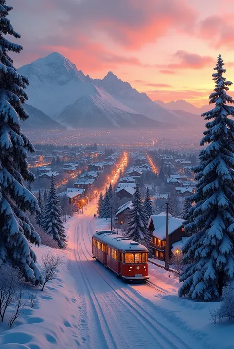 Beautiful panoramic city taken frok the top mountain on the snowing weather, city light, wooden cabin houses turning on the light during a sunset. Beatiful tram passing the city and some of s are playing a snow.