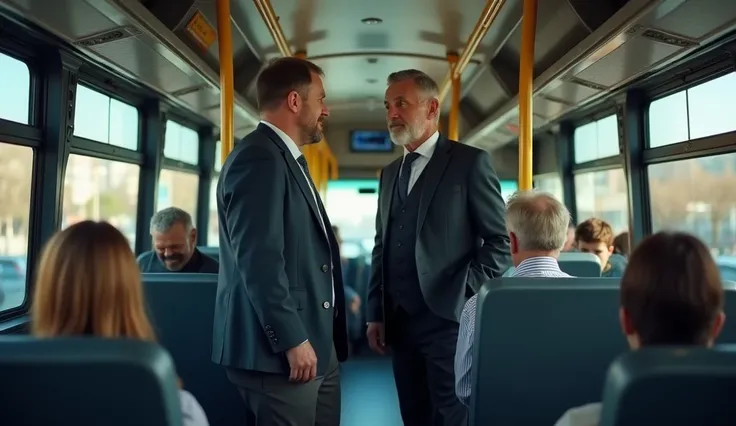  A 30-year-old man standing up from a bus seat and offering a bus seat to a 60-year-old looking man.  bus full of people seated and people standing . Ultra-realistic photo . real effect. cinema style.  professional photo . real setting .  ultra HD resoluti...