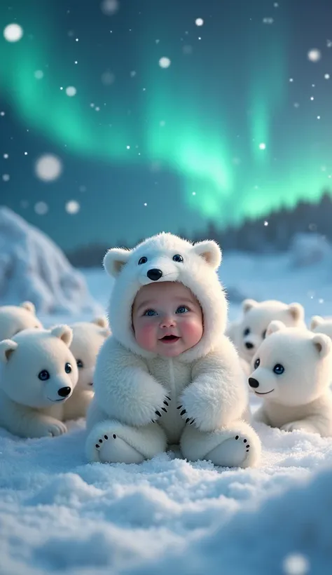 A baby in a polar bear costume, surrounded by playful polar bear cubs in a snowy Arctic setting, with soft snowflakes falling and a glowing aurora in the sky.