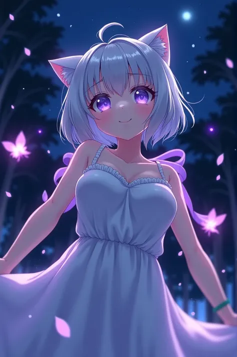 cat ears, short hair, silver hair, white hair, purple eyes, night sky, stars, silhouette, from below, deep forest scenery, purple glowing ribbon, floating droplets, lens flare, light particles, fireflies, leaves, silky white dress, (close-up:1.2), (depth o...