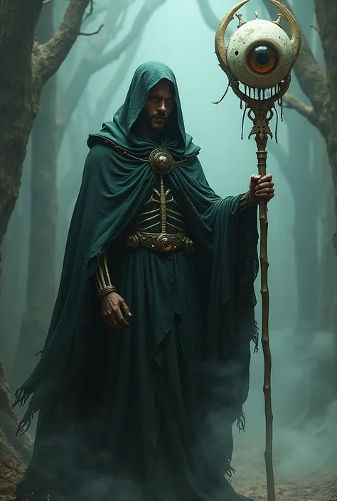 a wizard wearing a multi-eyed outfit ,  is a staff that is a skeletal hand holding an eye