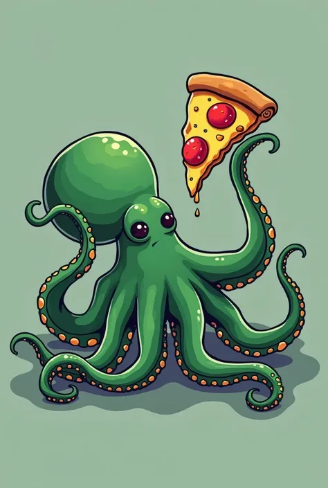 An octopus clutching a slice of pizza, just a portion and more abstract , bottomless,  like for a logo with few colors. Friendlier and happier. With fewer colors, green,  the more stretched tentacles and upwards.  Not innocent happiness , but more pleasant...