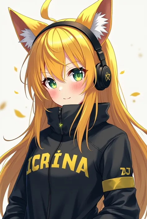 Anime DJ girl with long hair with yellow highlights, light green eyes with wolf ears wearing headphones with a black jacket and that the jacket has the name of Eirian in the middle of the jacket with a cross collar