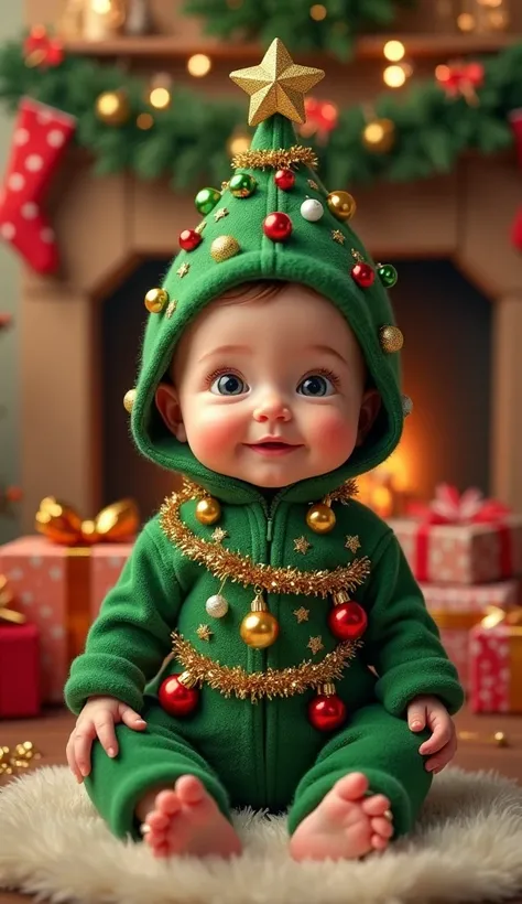 A baby dressed as a Christmas tree, with colorful ornaments, twinkling fairy lights, and a golden star hat, sitting in a festive living room decorated with garlands and presents.