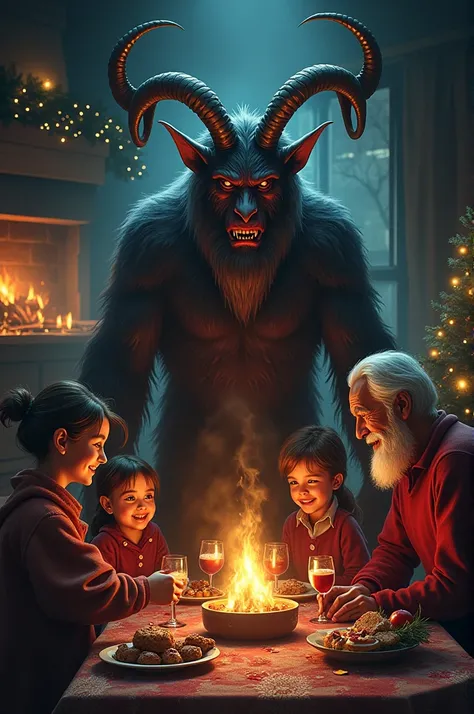 Krampus, family and s celebrating Christmas night together