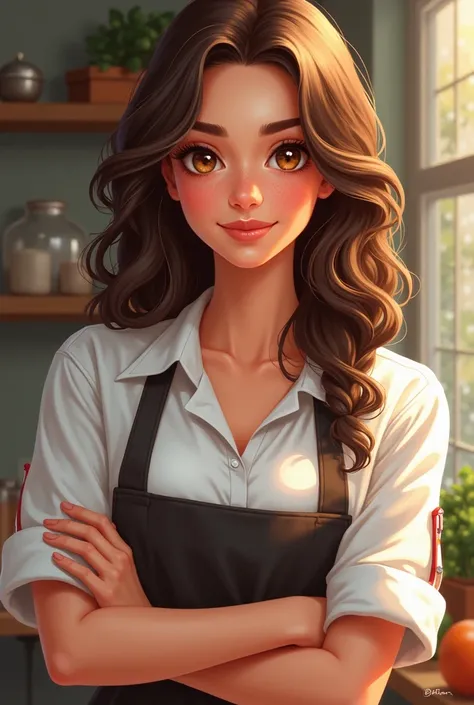  Paula, a 27-year-old girl with wavy brown hair, with light brown eyes , happy, nice , Who likes to cook and eat in the costume of a well-balanced cook 