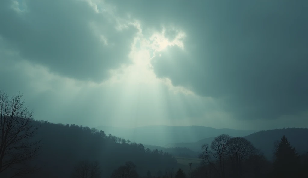 A cloudy day scene, depicted in a realistic and cinematic style. The sky is filled with thick, gray clouds of varying shades, creating a textured and dynamic overcast atmosphere. Soft beams of diffused light filter through occasional gaps in the clouds, ca...