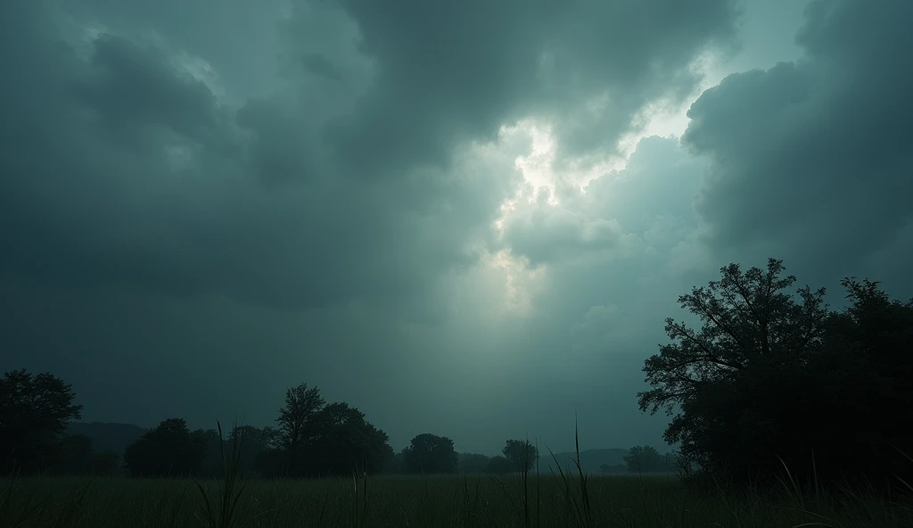 A dramatic cloudy day, just before a rainstorm, depicted in a realistic and cinematic style. The sky is dominated by thick, dark gray clouds, heavy with moisture, swirling in layers of texture and depth. Occasional streaks of lighter clouds create a stark ...