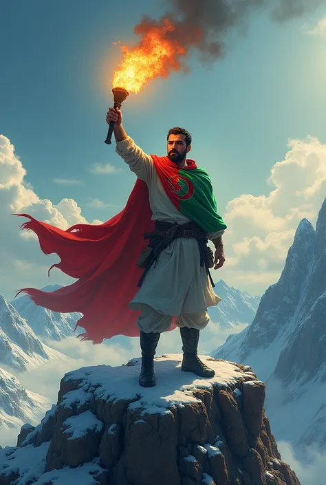 A man on top of a mountain with a flaming torch of light and the Algerian flag 