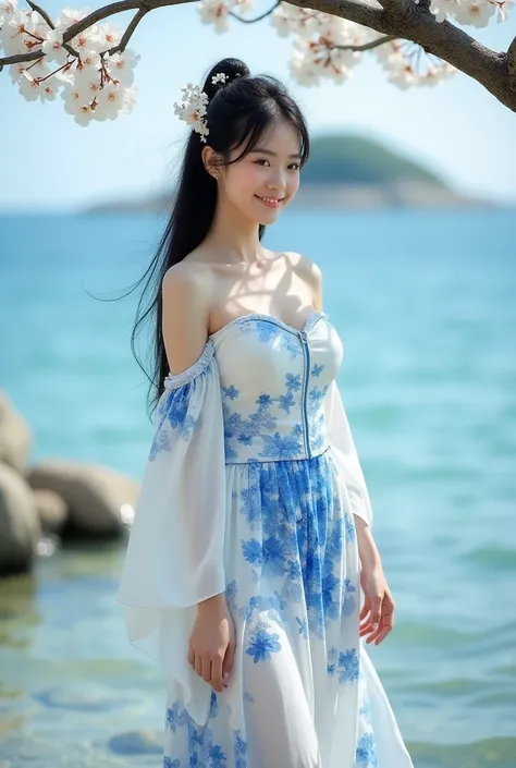  Remote photography , the whole body of a classically styled Japanese woman in modern traditional fashion with visible cleavage (Thighs visible ). he smiled,  wearing an off-shoulder pession dress with a body .  A long blue flower print on a white base ,  ...