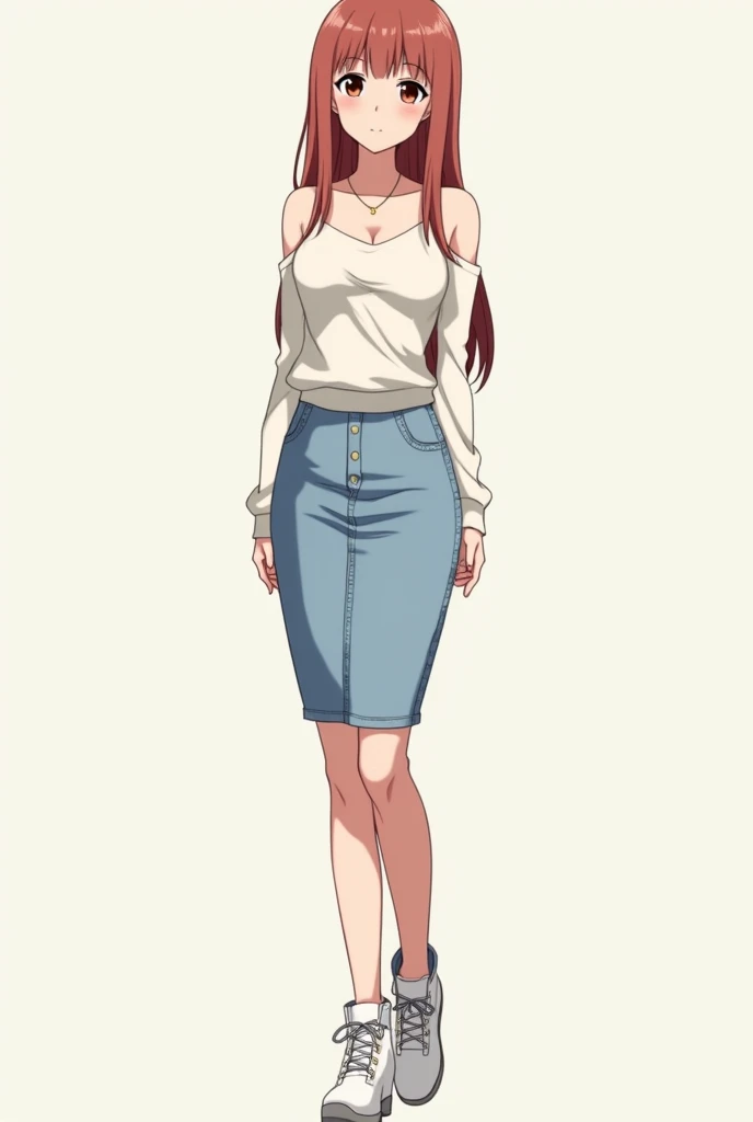 One-colored background
Anime girl, full height
Pale skin
Straight long hair, shade: rose brown, no bangs
Light brown-reddish colored eyes
Wearing tight white shoulderless sweater and an above kneel light blue jeans pencil skirt
ALL THE CLOTHES ARE TIGHT 
B...