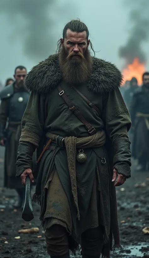  A Viking with a dirty and sloppy appearance ,  with clothes torn and stained with mud ,  holding an axe on a battlefield .  The background setting is dark ,  with smoke and debris scattered .  His face seems tired and wild . Dark and atmospheric tones ,  ...