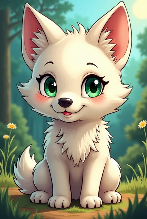 Make an image similar to a comic of A Little Wolf with White Hair and Green Eyes 