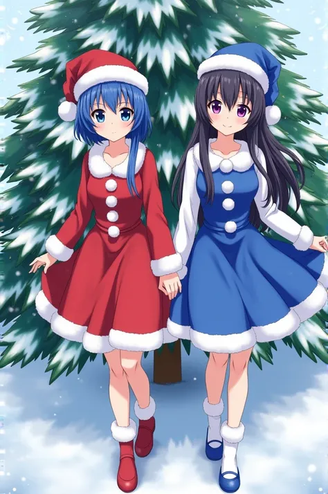 Make me a high-resolution image of Amy Mizuno, a young adult with short blue-black hair with blue eyes, next to Rei Hino, a young adult with long loose black hair with purple eyes, both wearing a Santa Claus dress, one red and the other blue with a hat nex...