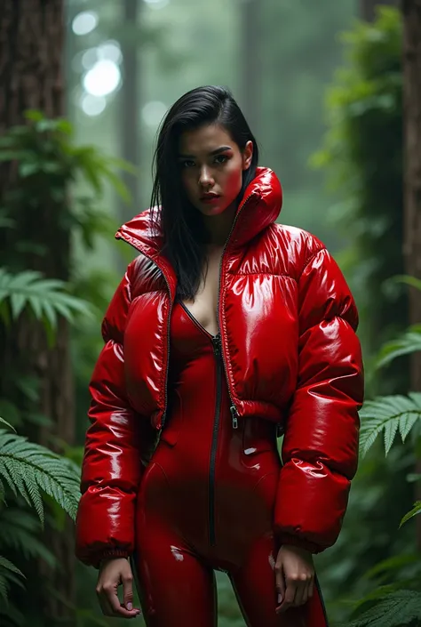 A woman in red vinyl croop puffer jacket and latex jumpsuit in the woods 