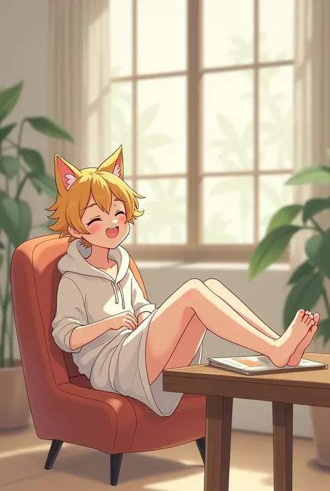 Anime neko boy resting his feet on the table wearing thin soft