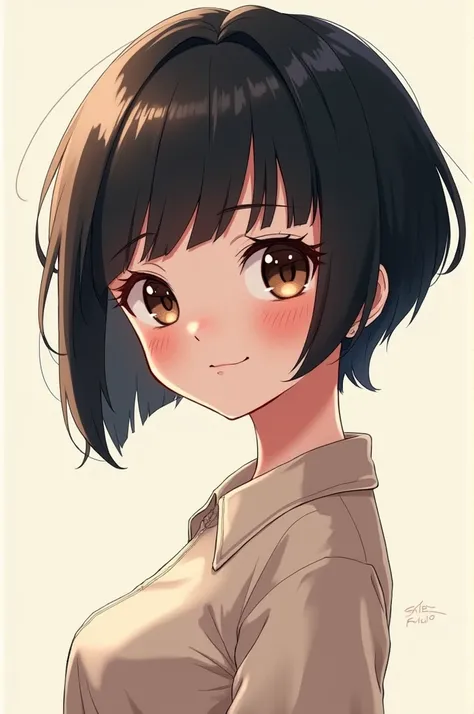  Create an image of a white girl, with short black hair, and bangs,  with brown eyes , in animation manwha or anime 