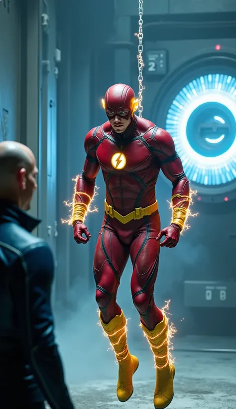 In a chilling and surreal scene, The Flash is imprisoned in a high-tech, underground facility, a cold, stark contrast to his usual vibrant energy. His red-and-yellow suit is now severely torn, the fabric singed and scorched as though it’s been stretched be...