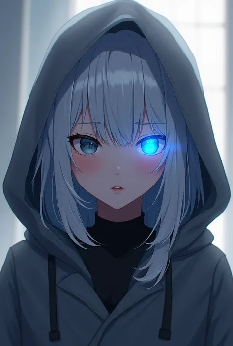 (art anime) ,  with white hair, One of the eyes shines blue, gray hooded coat