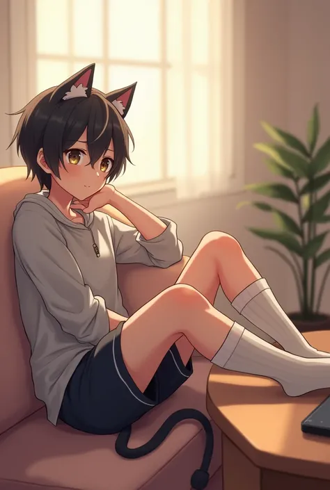 Anime neko gamer boy resting his feet ok the table wearing thin socks close to the camera