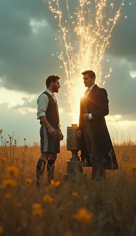 Messi and Cristiano Ronaldo stand next to the time machine in an open field. A local inventor, dressed in typical 19th century clothing, adjusts the machine while Messi and Cristiano look at him gratefully. Rays of light and energy effects emanate from the...