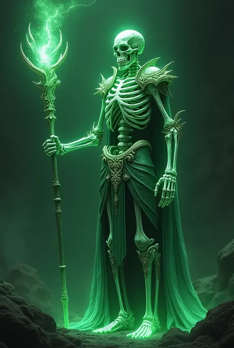 A skeleton made out of emerald with emerald armor and an emerald stick. Dark green background.