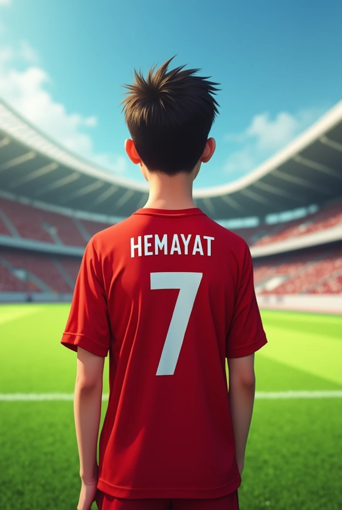 A boy with short and combed hair, signed a new contract with a team called (Marcopolo), this boy is in a football field and wears a red shirt with the name (Hemayat) hacked with the number 7.