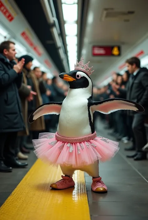 Description for the neural network:

Create an image of a penguin with a human-like expression, standing upright in an exaggerated ballet pose. Its face conveys a mix of determination and comedic charm: a wide grin with one eyebrow raised, as if it’s both ...