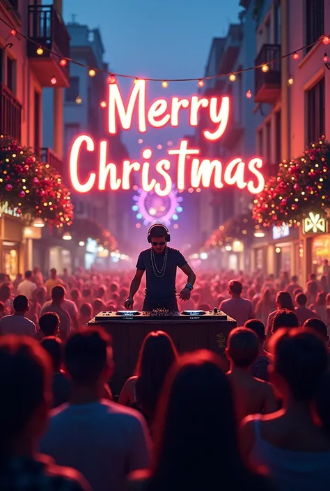 Create an image of a DJ playing on
A crowded favela, with Christmas decorations, Write MERRY CHRISTMAS on the image