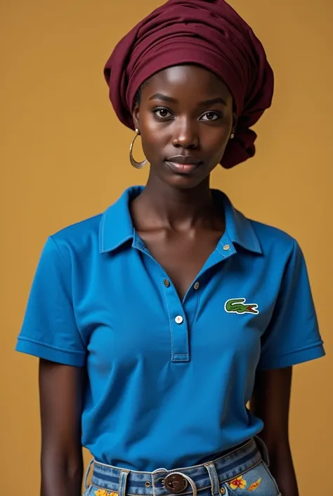 Une fille africaine en Lacoste bleu, foulard rouge bordeaux sur la tête et un pantalon noir 