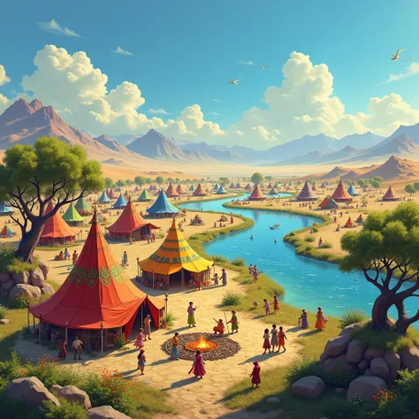 until,  digital illustration ,  highly detailed ,  tongue ,  an unrealistic illustration ,  digital painting ;  a panoramic view of a large gypsy camp located on a vast terrain of arid fields next to a large river. Its spring ,  and the scenery is full of ...