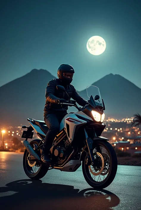 Image or drawing of motorcyclist on a Vstrom 250 sx ,  motorcycle against the background of the city of Arequipa with its Misti and Chachani volcanoes at night with a full moon 