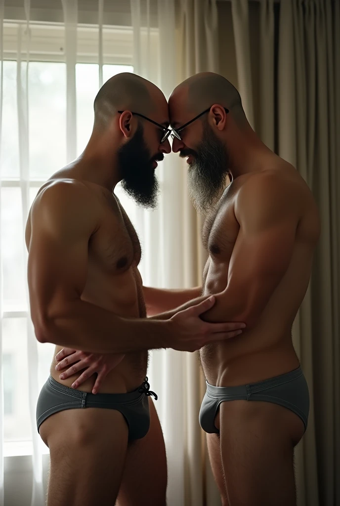 A Japanese middle-aged man and a mature man with a shaved head and long beard changing clothes 、Hairy body、A lot of chest hair、There is a lot of armpit hair　Lots of arm and leg hair　Wearing bikini pants　Touching the groin　A middle-aged man is watching　Brig...