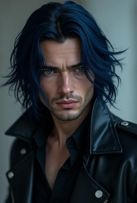 (photorealism:1.2), attractive man, long dark blue hair, blue eyes, broody, tall, lean build, leather jacket