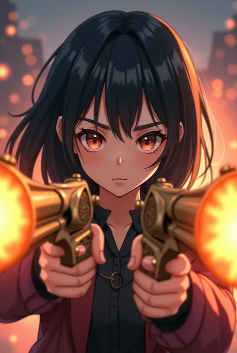 Create a young role-playing character with straight black hair with anime-style bangs with two pistols like muskets, But they are imbued with fire 