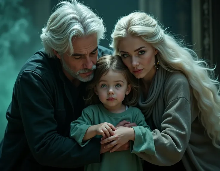 harry potter world,father, 27 years old, white hair, golden eyes, wife, 27 years old, long white hair and green eyes, protects her daughter from a dangerous spell, has white hair, left eye is golden and right eye is green,magick,darkness,4K,sharp focus,dra...