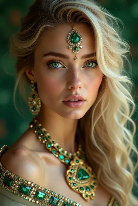 Beautiful woman full of jewels blonde with green eyes