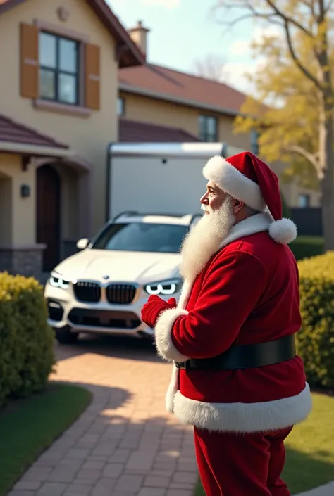 Generate Santa Claus in front of the house watching a truck delivering a white BMW 