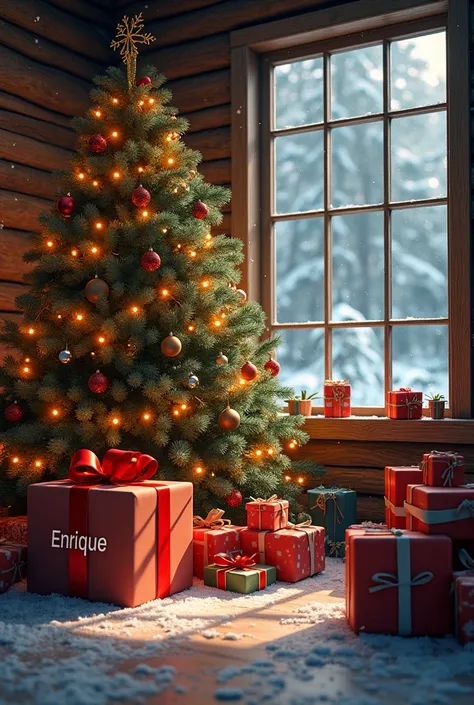 Cabin with a large Christmas tree and lots of presents and a large gift with the name of Enrique that is snowing snowflakes 