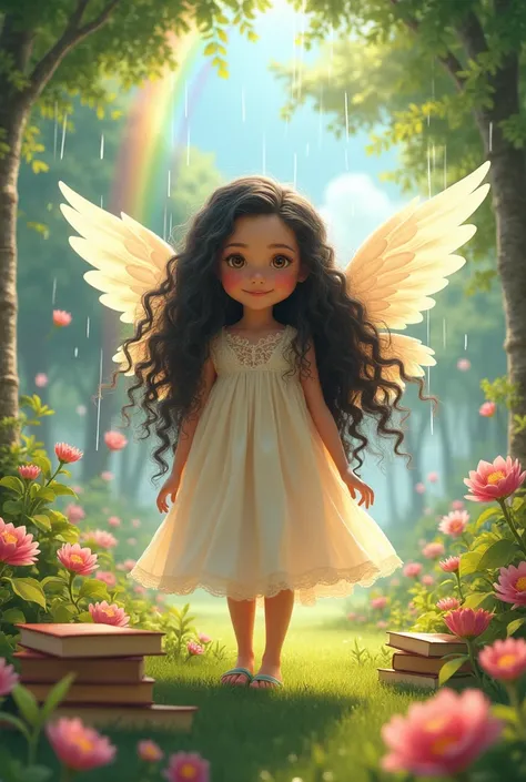 Cute bright Girl like an angel with long black curly hair, frock, lot of books, reading, and a cute smile, hopes and happiness, rains, rainbows, flowers, nature, like a fictional world 