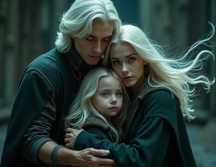 harry potter world,father, 27 years old, white hair, golden eyes, wife, 27 years old, long white hair and green eyes, protects her daughter from a dangerous spell, has white hair, left eye is golden and right eye is green,magick,darkness,4K,sharp focus,dra...