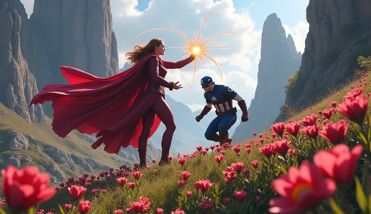 Scarlet witch Bewitching Captain America with chaos magic in the middle of a rocky hill full of flowers, Make Captain America fall down 