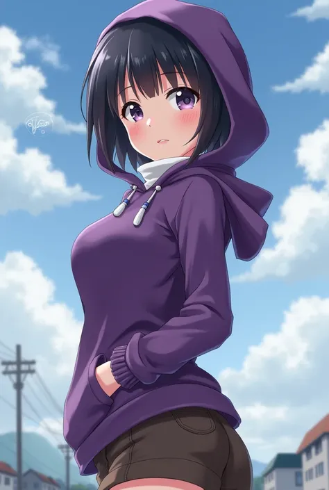 master part , absurdities, Hinata(boruto), 1 girl, Alone, mature woman, Purple hood, layered sleeves , short brown jeans sexy,  outdoor, cloudy sky, perfect composition, circumstantial lips,  big breast , Pretty face, Body Proportion, Blush, (pink lips), s...