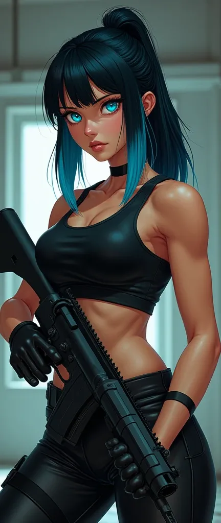 Black-haired girl with tips painted blue with strong blue eyes with serious look in black sports top in leather pants with a rifle