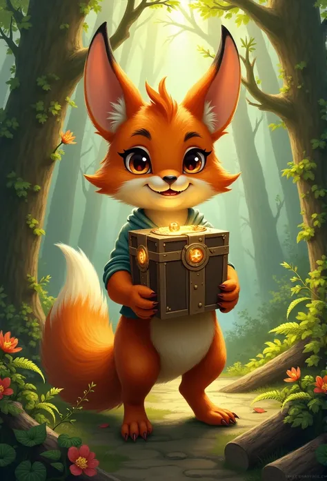 a painting of a ginger woofelf in a forest holding loot boxes