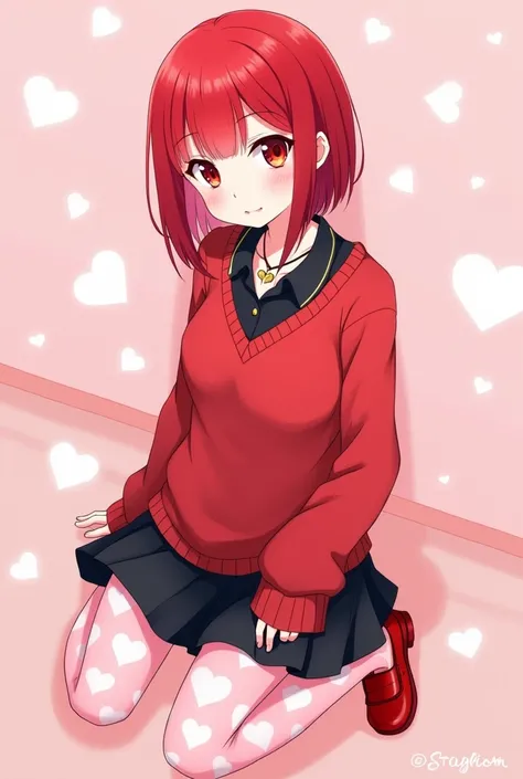 (anime) A teenage girl , red-haired,  red eyes ,  wearing a red sweater with a black blouse underneath, a black skirt,  a pink pantyhose with heart designs , a red shoe , a necklace with a heart pendant, a pink background with hearts on the back  