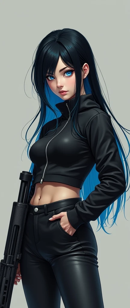 Black-haired girl with tips painted blue with strong blue eyes with serious look in black sports top in leather pants with a shotgun 