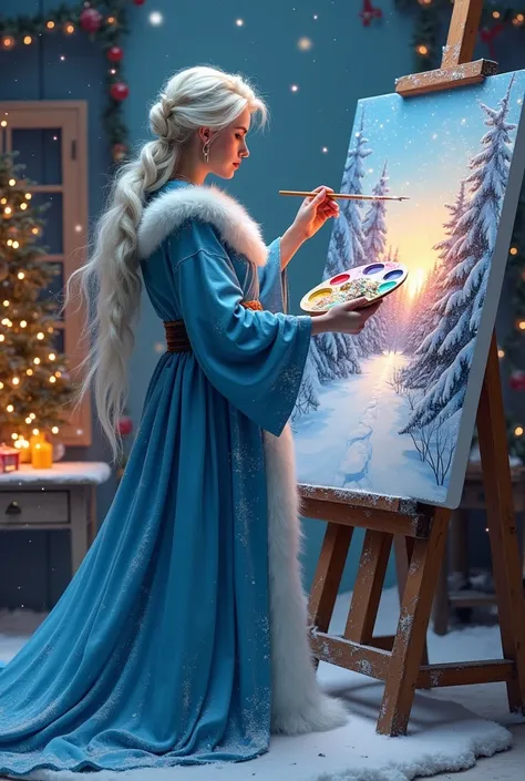 Photo realistic. Artistic Snow Maiden, dressed in a blue robe, splashed with multi-colored paint, holds a large palette in one hand and a brush in the other. She paints a snowy landscape on a giant canvas, with magical glowing strokes that bring the scene ...